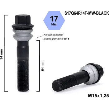 Šroubek na kolo Kolový šroub M15x1,25x64 kulový R14, pohyblivá plocha, klíč 17, S17Q64R14F-MW-BLACK, černý, výška 94 mm