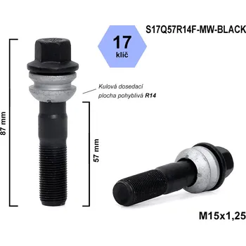 Šroubek na kolo Kolový šroub M15x1,25x57 kulový R14, pohyblivá plocha, klíč 17, S17Q57R14F-MW-BLACK, černý, výška 87 mm