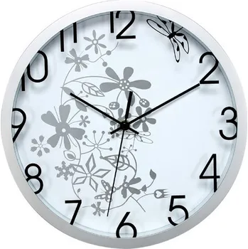 Hodiny hodiny nástěnné 30cm květinový motiv bílo-stříbrné
