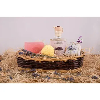 Kosmetická sada Dárkový koš březové kosmetiky Be2la® - 1 mýdlo, masážní olej, koule do koupele/srdíčka, pytlíček levandule