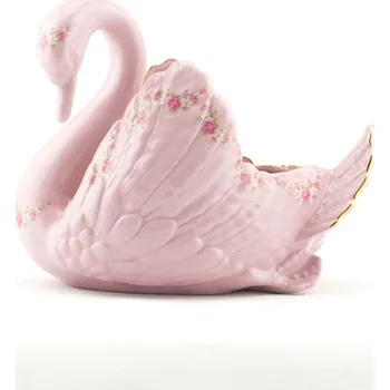 Labuť – velká, růžový porcelán, kytičky, Leander