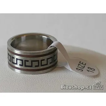Prsten Ocel prsten s řeckým vzorem kombinací lesklého kovu a černého a bordového smaltu