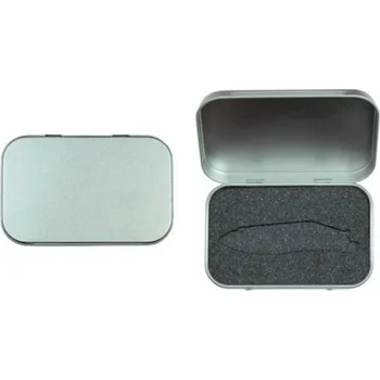 Plechová dárková krabička pro nůž Rybička STŘÍBRNÁ PDK1 (Volitelně i s výsekem pro dva nožíky Rybička. Lakovaný plech, vložená molitanová výstelka. Možnost zakázkového značení laserem.)