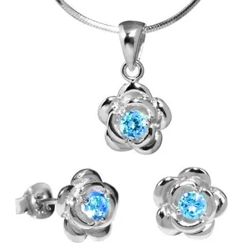 Souprava šperků Stříbrný set květina s modrým zirkonem