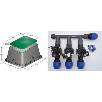 Zavlažovač Sestava 3 ks ventilů Rain Bird 24 V + šachta standard + manifold (Sestava 3 ks ventilů Rain Bird 100 HV 24 V + manifold + 4 ks BVS 1 + šachta standard)