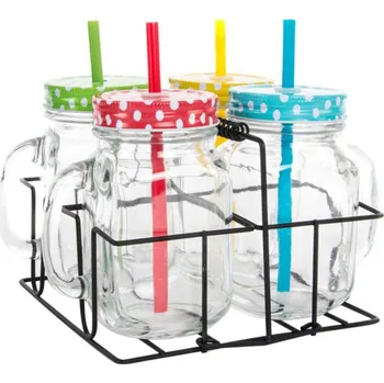 Sklenice 4x sklenice s víčkem a brčkem + nosič