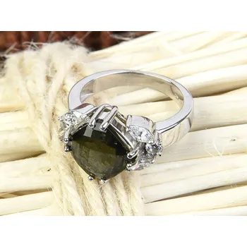 Prsten Vltavín a zirkony prsten 10mm kosočtverec checker top Ag 925/1000 + Rh