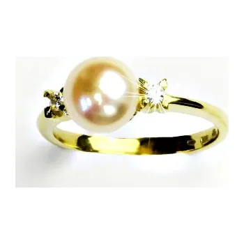 Prsten Zlatý prsten, přírodní říční perla lososová, žluté i bílé zlato - T 1207
