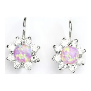 Náušnice Zlaté náušnice, čiré zirkony a syntetický růžový opál, bílé i žluté zlato - VE 61