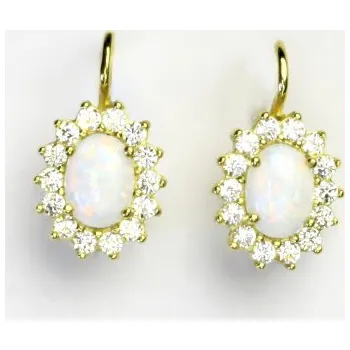 Náušnice Zlaté náušnice, Kate, žluté zlato, bílý syntetický opál, čiré zirkony, NK 1507
