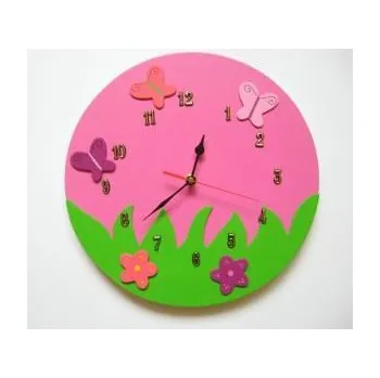 Hodiny Dětské dřevěné hodiny Veselá louka - růžová běžný mechanismus