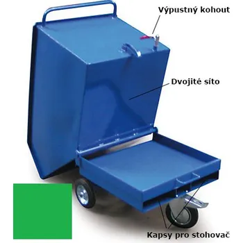 Odpadkový koš Výklopný vozík na špony, třísky 600 litrů, s kapsami pro stohovač, dvojitým dnem, sítem i kohoutem, zelený