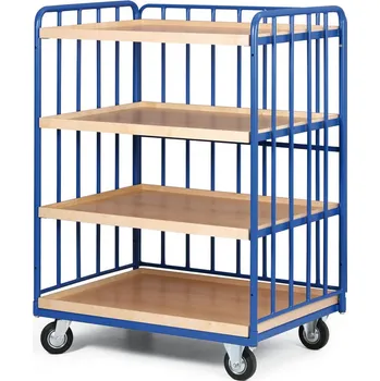 Policový vozík vysoký, tři strany profilů, čtyři etáže z ohraněné dřevotřísky, 300 kg