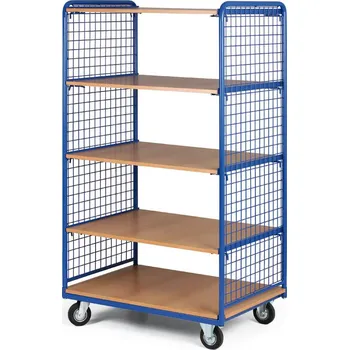 Policový vozík vysoký, dvě strany drátěné, pět etáží z dřevotřísky, 300 kg