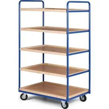 Policový vozík vysoký, čtyři etáže z ohraněné dřevotřísky, výška 1800 mm, 300 kg