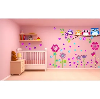 Samolepící dekorace Sovy a kytky samolepka na zeď L