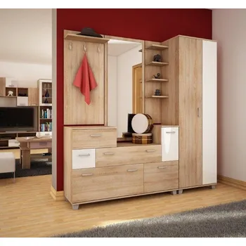 Předsíňová stěna Grand se skříní - sonoma světlá/bílý lesk