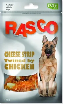 Pamlsek pro psa Rasco pochoutka proužky sýru obalené kuřecím masem 80 g