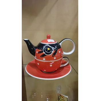 Čajovna Tea for one - hrnek + konvička (červená konvička tea for one s kočkou)