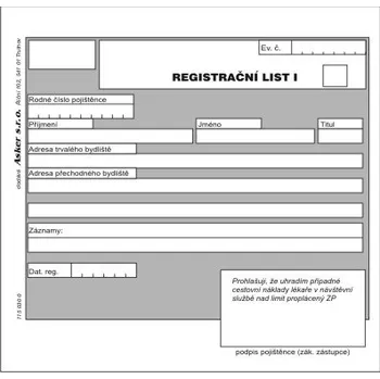 Tiskopis Registrační list cena za: propisovací blok 'I-II' 2x50 listů