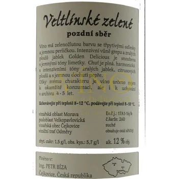 Víno VINAŘSTVÍ BÍZA Bíza Veltlínské zelené 2018 pozdní sběr 0,75 l suché moravské bílé víno