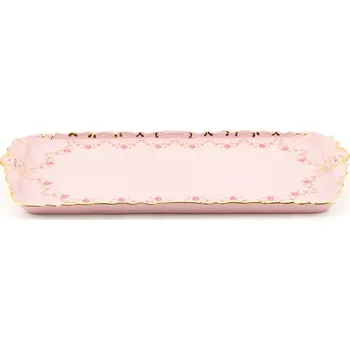 Podnos vykrajovaný 36 cm, růžový porcelán, kytičky, zlatá linka, Leander