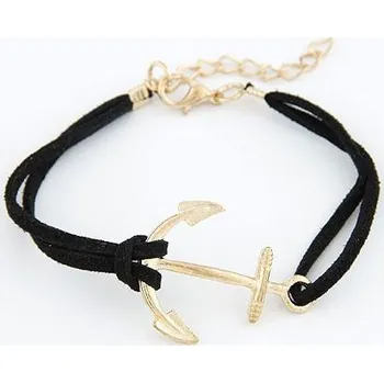 Náramek Načančaná.cz Kožený náramek Zlatá kotva- 2 barvy Barva: Černý
