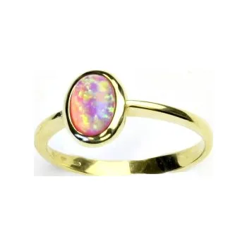 Prsten Zlatý prsten, žluté zlato, prstýnek ze zlata, syntetický růžový opál, T 1354