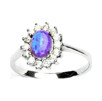Prsten Zlatý prsten, bílé zlato,Kate, syntetický fialový opál,čiré zirkony, T 1507