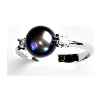 Prsten Zlatý prsten, přírodní říční perla černá, bílé zlato, T 1207