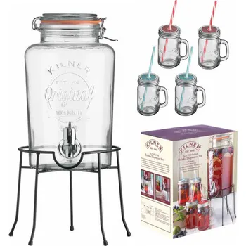 Dávkovač nápoje Kilner skleněný nápojový automat s kohoutkem 5 l a 4 ks džbánků 400 ml