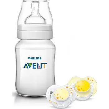 Kojenecká láhev Avent Láhev Classic 260 ml + šidítko noční žlutá