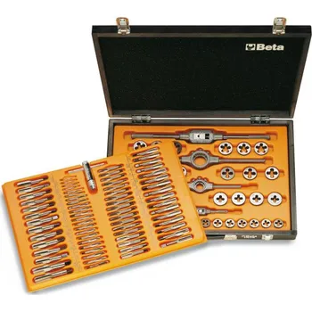 Závitořezný nástroj SADA ZÁVITNÍKŮ A ZÁVITOVÝCH OČEK-MODEL 446/C110 110 ČÁSTÍ (Sada závitníků a závitnic z chromové oceli, metrický závit, a příslušenství pro opravy automobilů v dřevěném pouzdře)