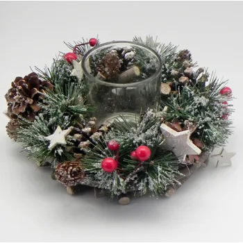 Zahradní dekorace Svícen zeleň/šišky/sklo mix pr.22 (F15812-2M)