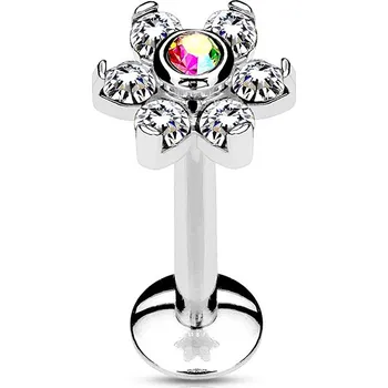 Piercing Šperky4U Piercing do brady - labreta kytička, duhový/čiré kamínky - LB1074-1206