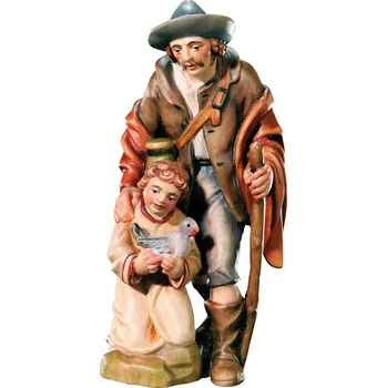 Vánoční dekorace Ornatis Poutník s dítětem a ptáčkem Provedení: Malované, Velikost stojících figur dospělých postav: 7 cm Dřevěná vyřezávaná soška poutníka s malým dítětem a malým ptáčkem v náručí
