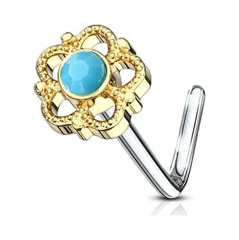 Piercing Šperky4U Zlacený zahnutý piercing do nosu - tyrkysový kamínek - N0100-GD