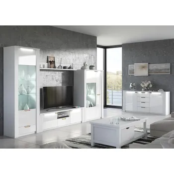 Obývací stěna MAMBA obývací stěna Artico, bíla vysoký lesk/dub riviéra, samodovírání, LED osvětlení