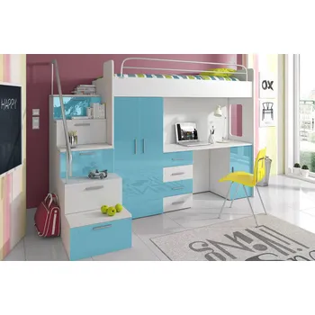 Dětská postel Patrová postel RAJ 4S, bílá/tyrkysový lesk, 254 x 180 x 86/120 cm