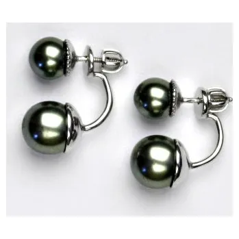 Náušnice Oboustranné stříbrné náušnice, šedo-zelené umělé perly, NŠ 1356/1513