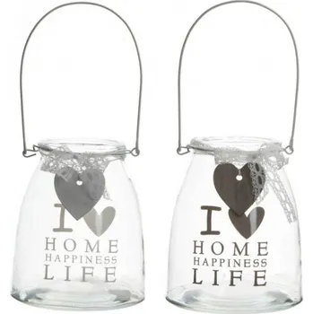 Svícen Skleněný svícen s krajkou a srdíčkem 15 cm - šedý