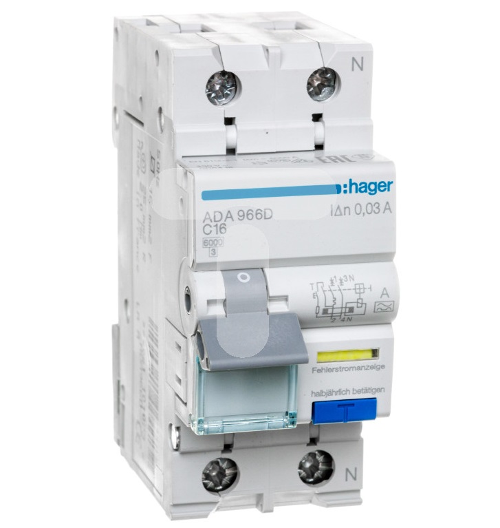 Hager aardlekautomaat B16 30mA 1-fase (1P N) 6kA (ADA916G