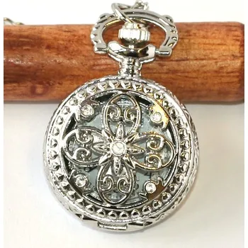 Hodinky MR Kapesní Hodinky na řetízku, menší - Vintage Stříbrná Květina, mandala 2248