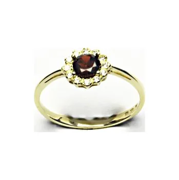 Prsten Zlatý prsten, žluté zlato, přírodní granát, čiré zirkony, T 1495