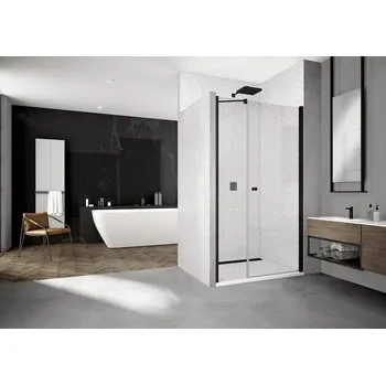 Sprchové dveře SOL31 - ATYP jednokřídlé dveře s pantem u zdi a s pevnou stěnou v rovině 75-140 cm, profil černý SOL31SM106