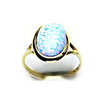 Prsten Zlatý prsten, syntetický světle modrý opál, žluté zlato, T 1454