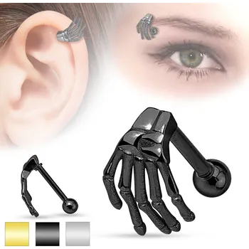 Piercing Piercingate Činka do ucha - ruka kostry PNC00061 - Barva/Motiv: Černá, Délka tyčky: 8 mm, Průměr tyčky: 1,2 mm