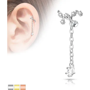 Piercing Piercingate Činka do ucha s dlouhým řetízkem a hvězdičkou PNC00106 - Barva/Motiv: Růžové zlato/Čirá, Délka tyčky: 6 mm, Kuličky: 3 mm, Průměr tyčky: 1,2 mm