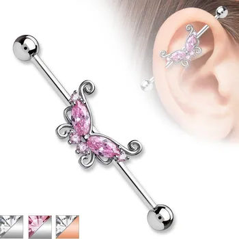 Piercing Piercingate Industrial piercing s motýlek a kamínky PIN00054 - Barva/Motiv: Růžové zlato/Čirá, Délka tyčky: 38 mm, Kuličky: 5 mm, Průměr tyčky: 1,6 mm