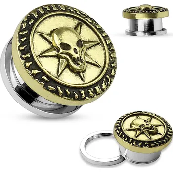 Piercing Piercingate Plug do ucha - lebka PTP00210 - Barva/Motiv: Zlatá, Průměr Tunely, plugy, roztahováky: 10 mm